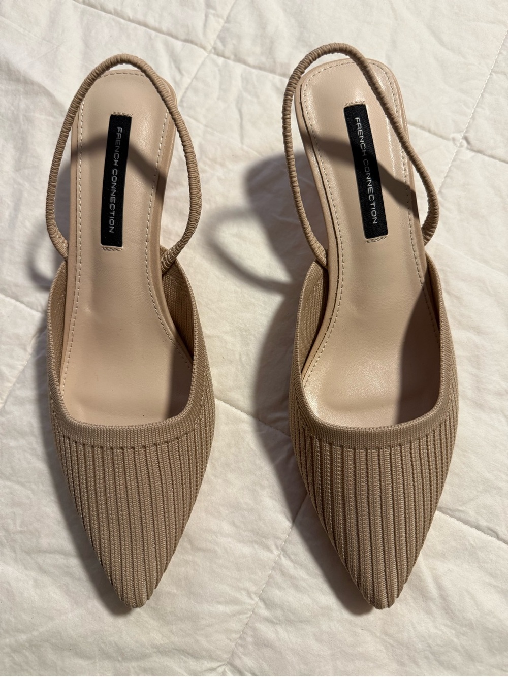 French Connection Ribbed Pointed Slingback Mules in Beige Tan